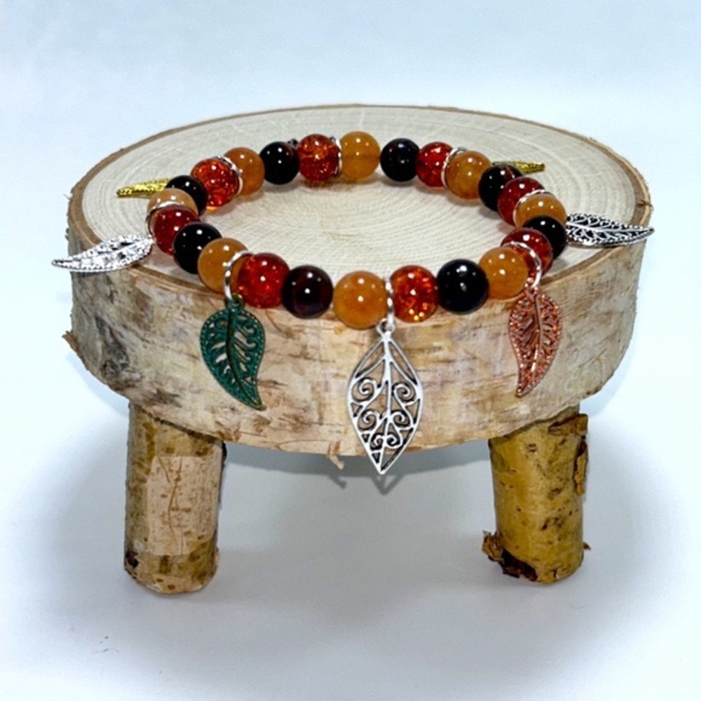 Handmade Leaf Charm Bracelet with Natural Tiger Eye & Sun Stones!